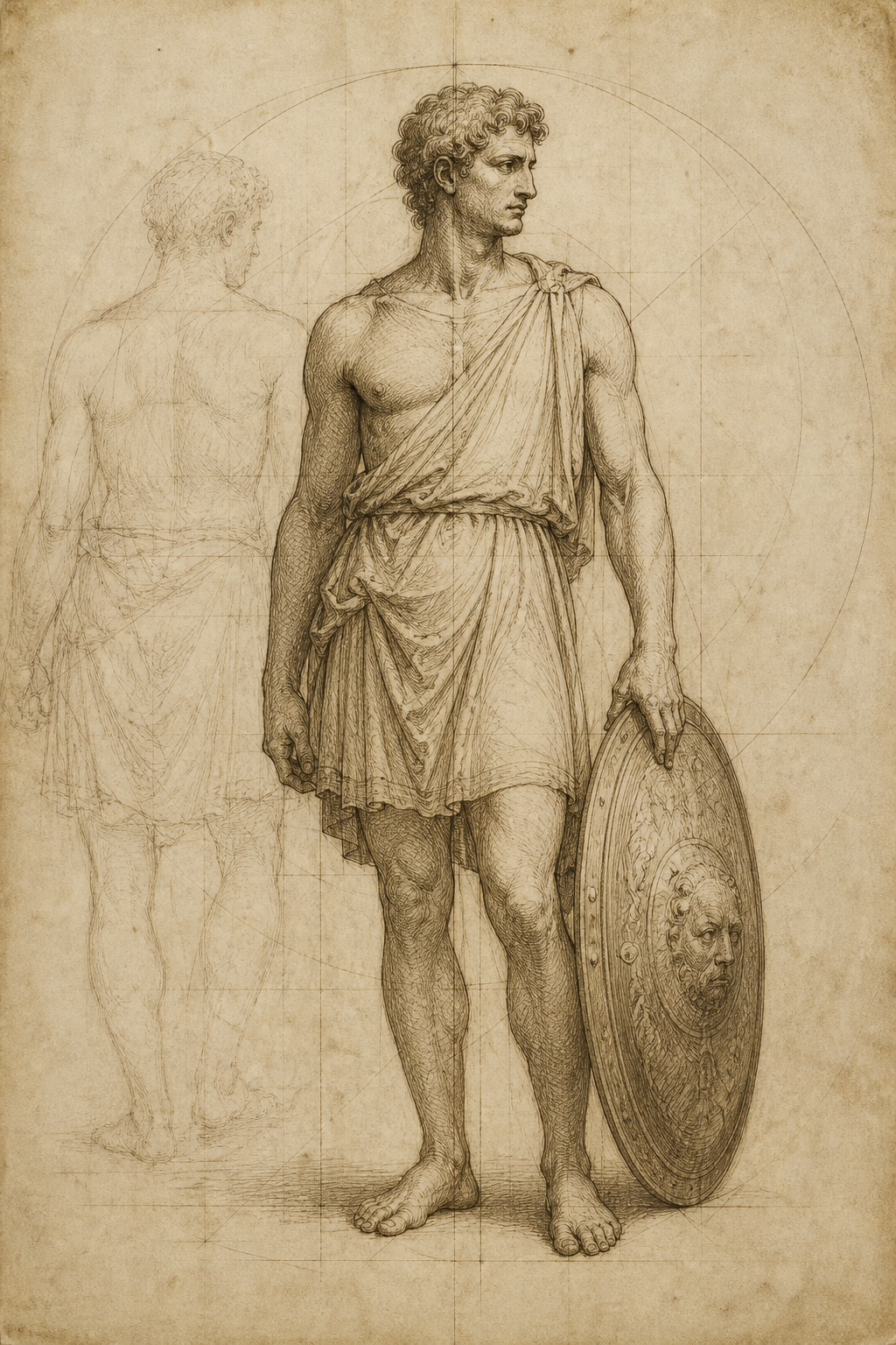 Anatomical study of a defender: frontal figure with shield, faint dorsal study behind.